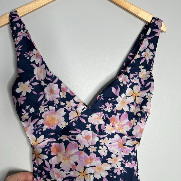 Lulus Women's Admirable Charmer Navy Blue Floral Satin Tie-Back Midi Dress S‎ - Picture 4 of 15